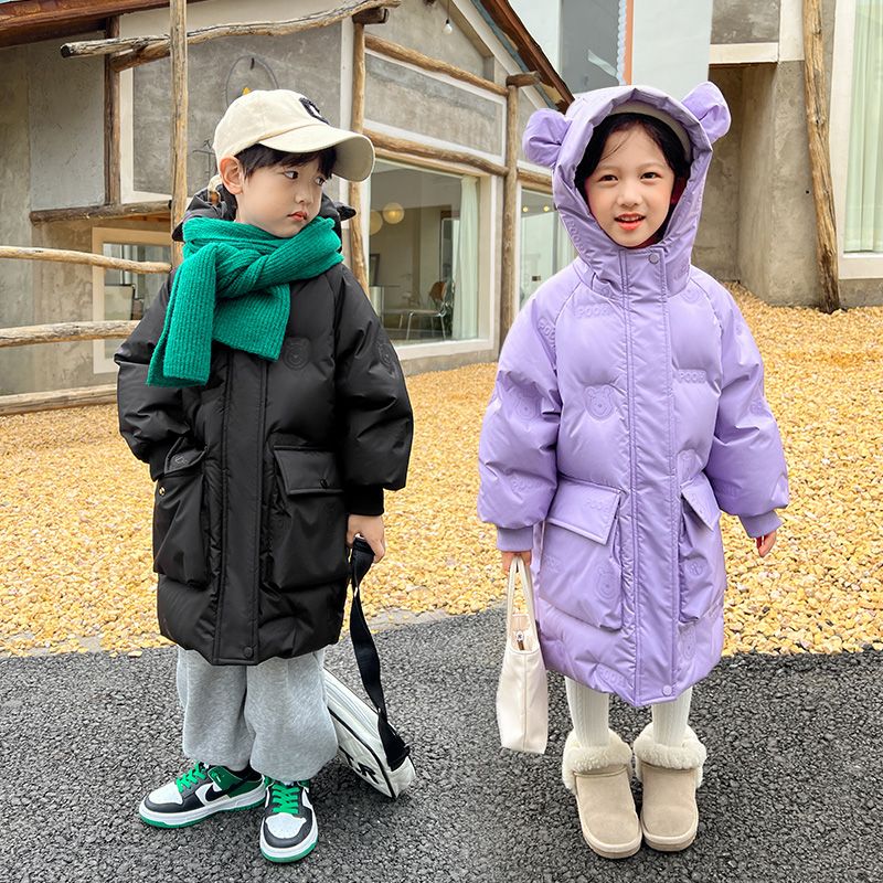 Girls' down jacket mid-length  winter new style boys' white duck down children's wear thickened warm hooded jacket