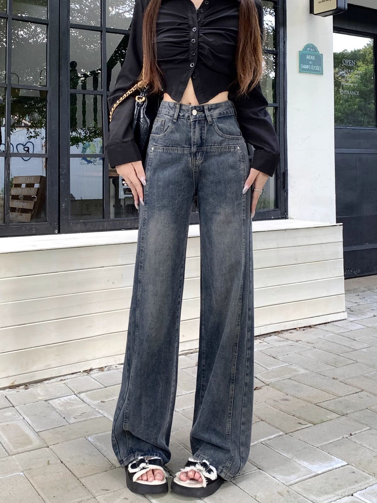 黑灰色闊腿牛仔褲女2023秋冬季新款顯瘦大碼拖地復古美式直筒褲子