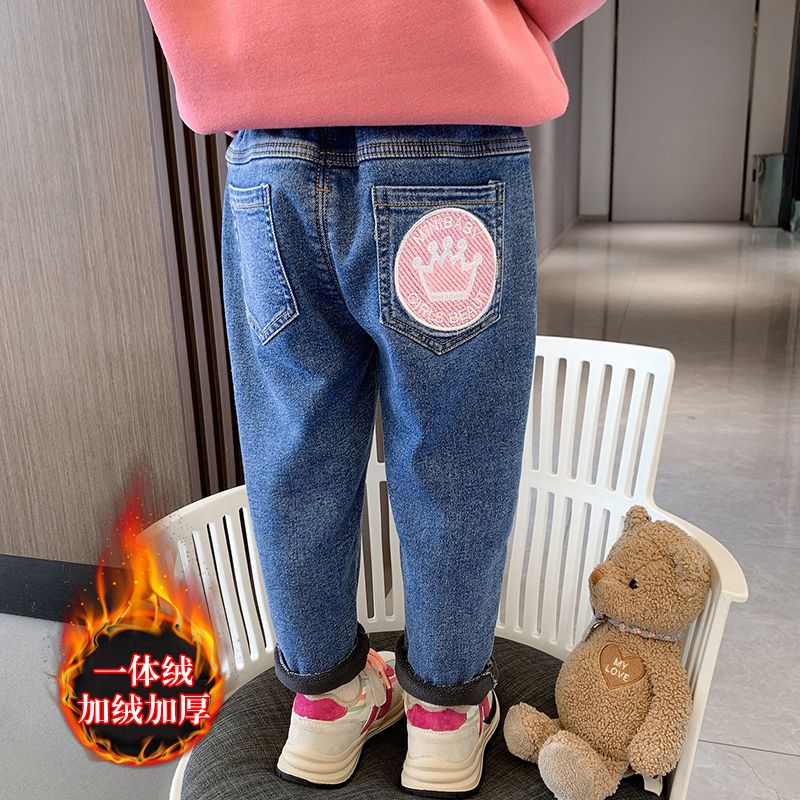 兒童新款2023女童秋冬季韓版加絨加厚一體絨保暖牛仔長褲女寶寶潮