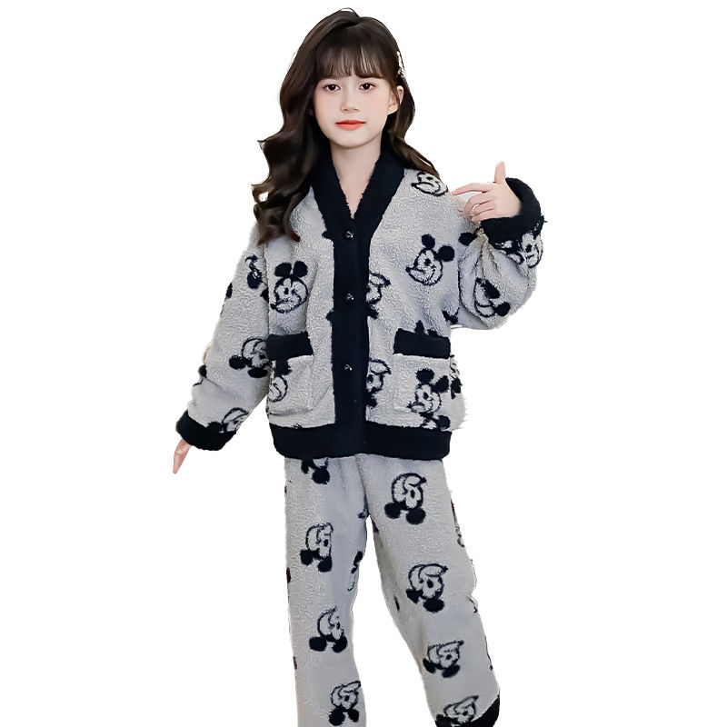 女童睡衣秋冬韩版洋气儿童法兰绒家居服加厚款中大童珊瑚绒两件套