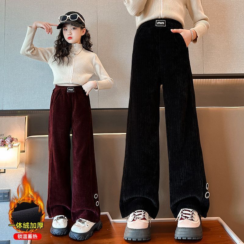 女童褲子秋冬款中大童寬鬆休閒冬季加絨加厚一體絨冬天兒童闊腿褲