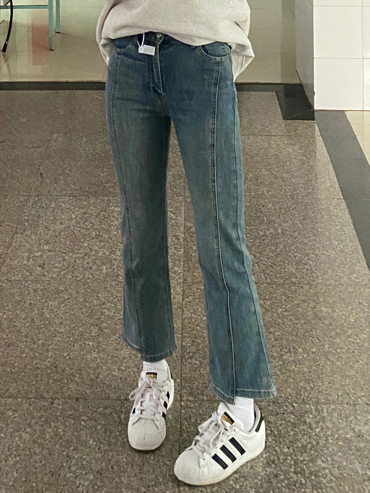 復古開叉微喇叭牛仔褲女秋季新款高腰修身顯瘦百搭直筒九分褲子潮