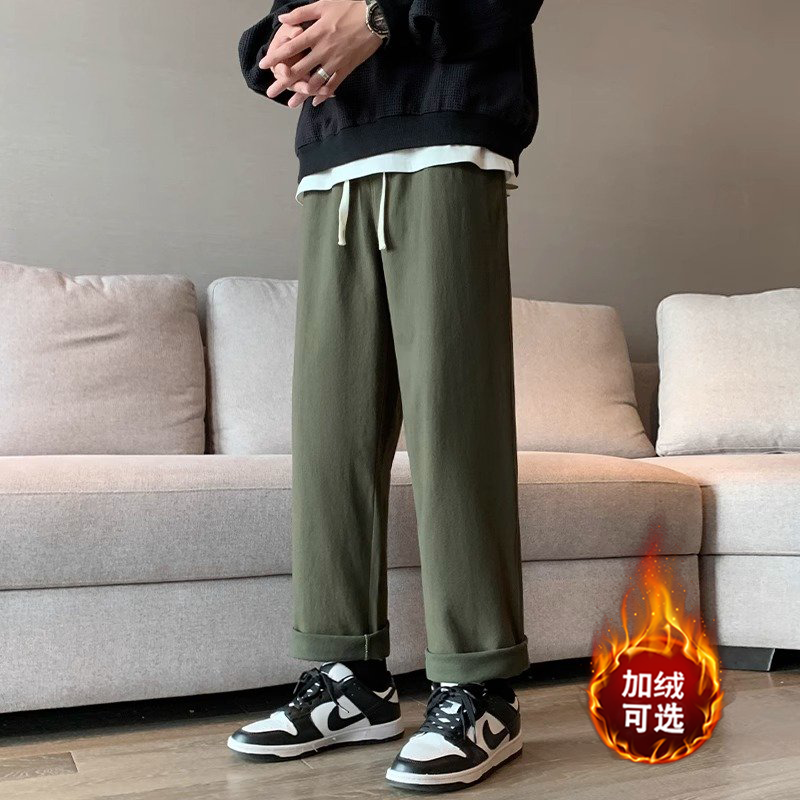 褲子加厚男秋季工裝褲加絨百搭運動褲純棉休閒褲軍綠色直筒褲衛褲