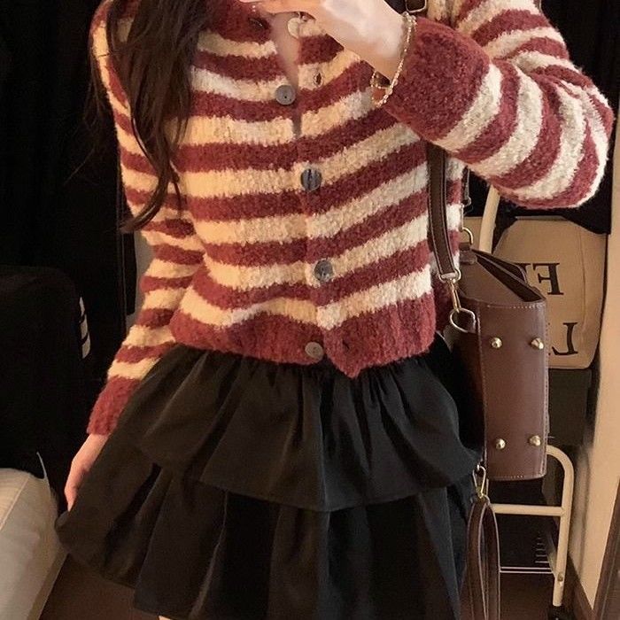 韓版寬鬆慵懶風長袖上衣女秋冬外搭軟糯條紋針織毛衣開衫外套外穿