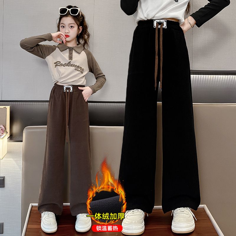 女童秋冬加絨褲子2023新款兒童洋氣加厚闊腿褲中大童一體絨直筒褲