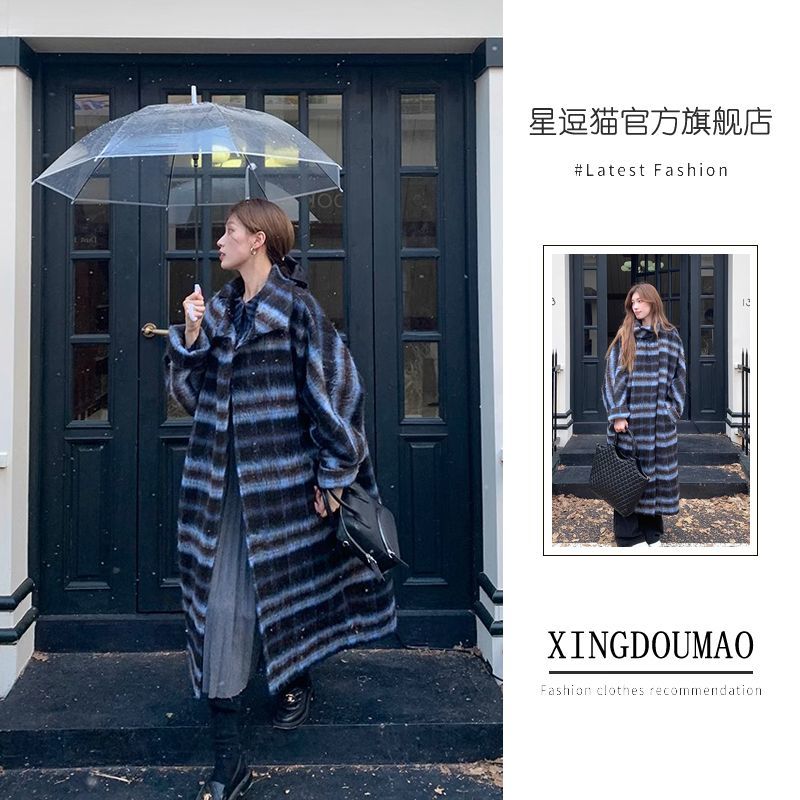 Ghost coat 2023 autumn and winter new style natural heroine temperament long noble plaid loose single-sided nylon coat for women