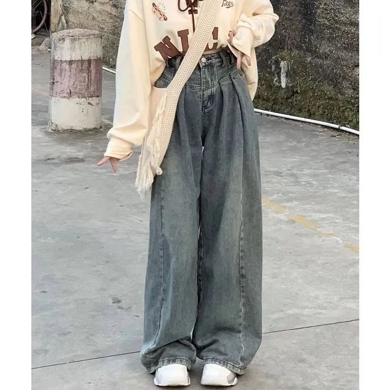 做舊復古牛仔褲女百搭垂感長褲秋季新款寬鬆高腰直筒顯瘦闊腿褲子