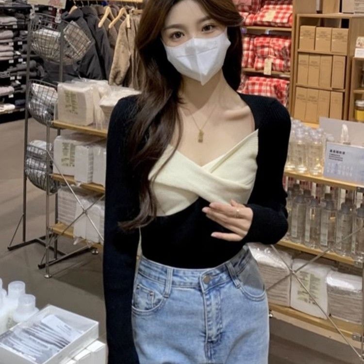 黑色v領打底針織衫女春秋冬洋氣內搭毛衣設計感小眾修身純欲上衣