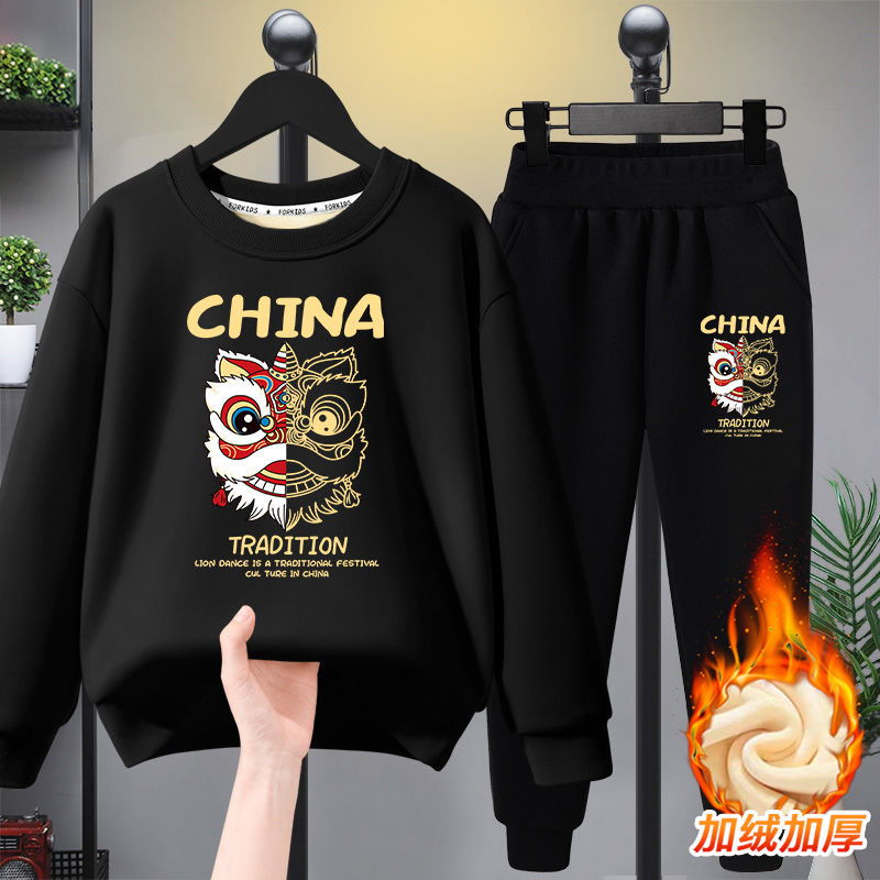 Boys' fleece sweatshirt trousers suit 2023 new children's thermal tops medium and large children's clothing men's winter sportswear