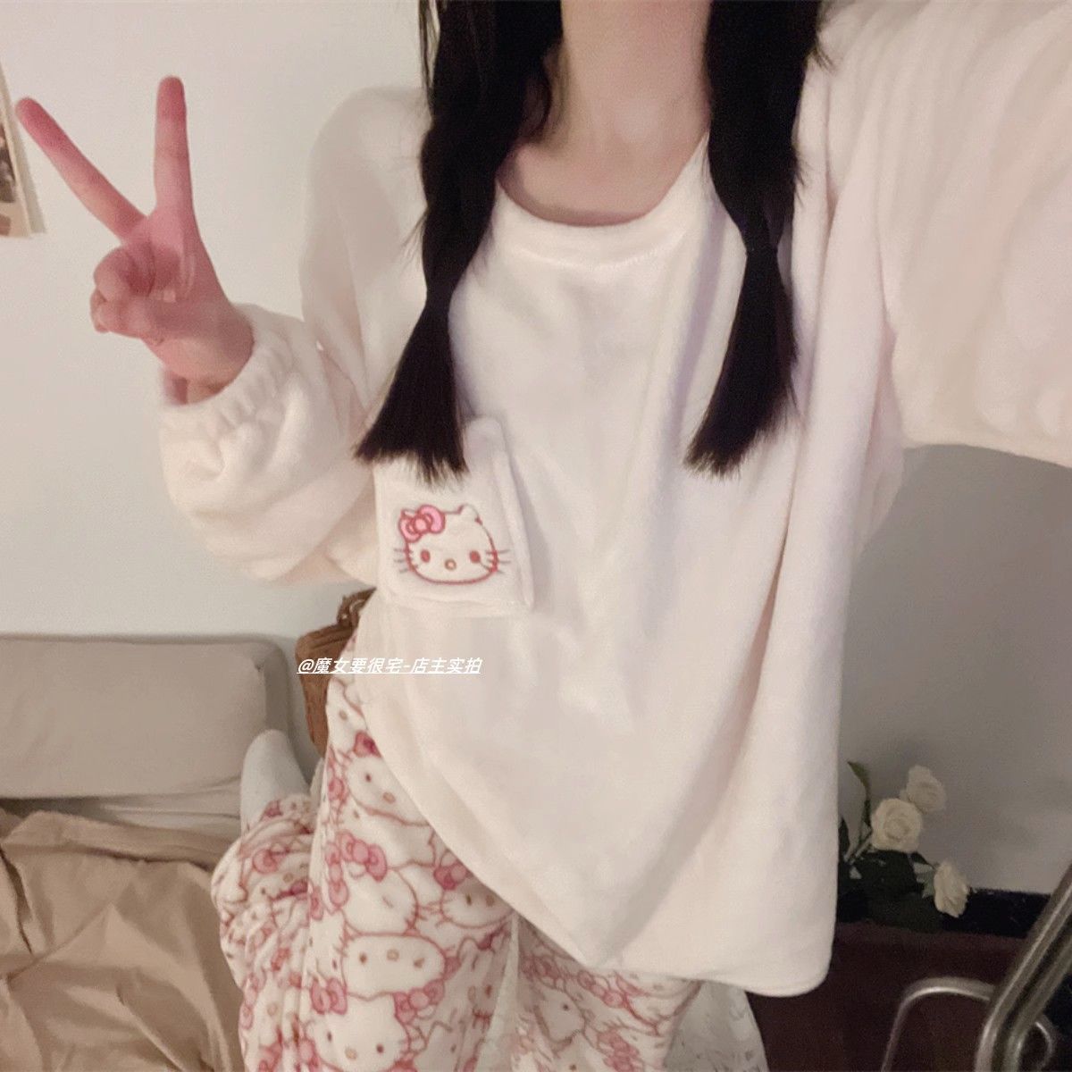 KT貓可愛睡衣女秋冬季珊瑚絨2023新款甜美卡通加厚保暖家居服套裝