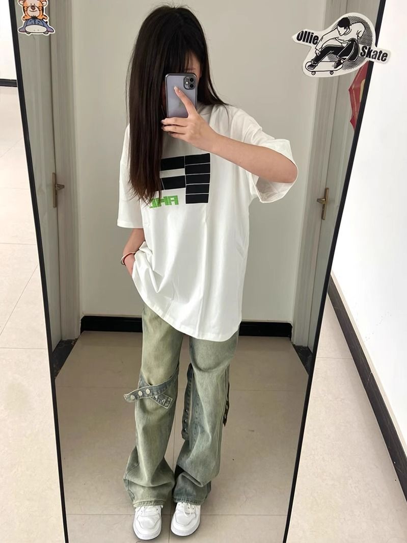 美式hiphop高街直筒牛仔褲女秋季新款寬鬆顯高顯瘦垂感闊腿褲子潮