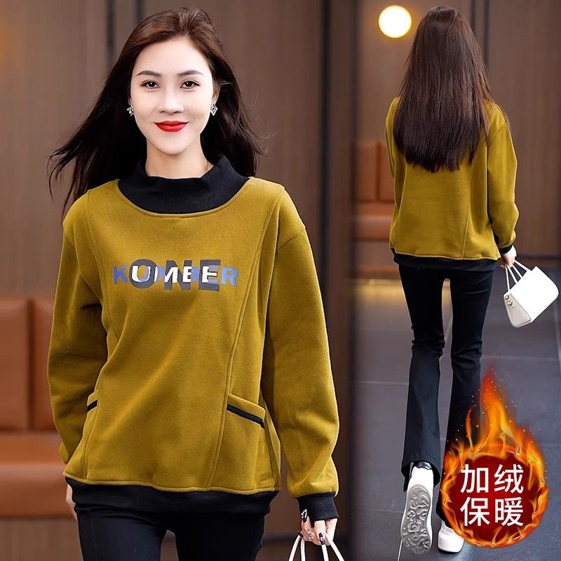 半高領加絨加厚衛衣女2023秋冬季新款假兩件拼接高端洋氣減齡外套