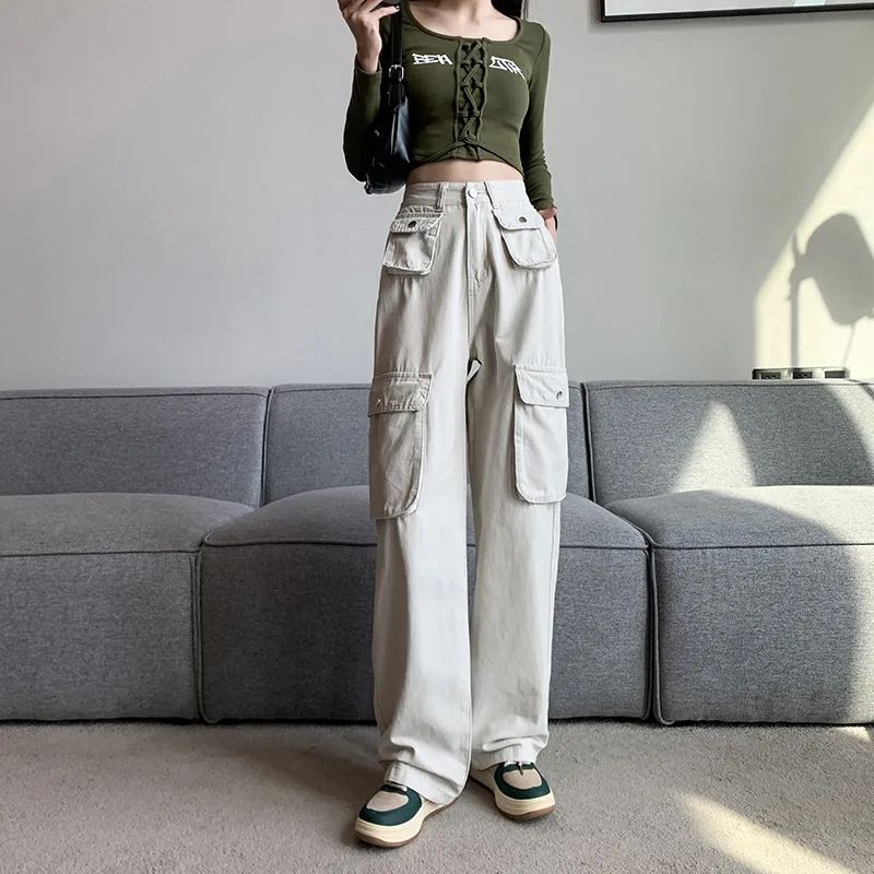 美式復古工裝褲女沙白色拖地褲高街時尚多口袋休閒寬鬆闊腿牛仔褲
