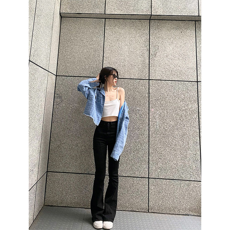 高腰黑色彈力微喇牛仔褲女高街風寬鬆闊腿褲辣妹修身顯瘦喇叭褲女