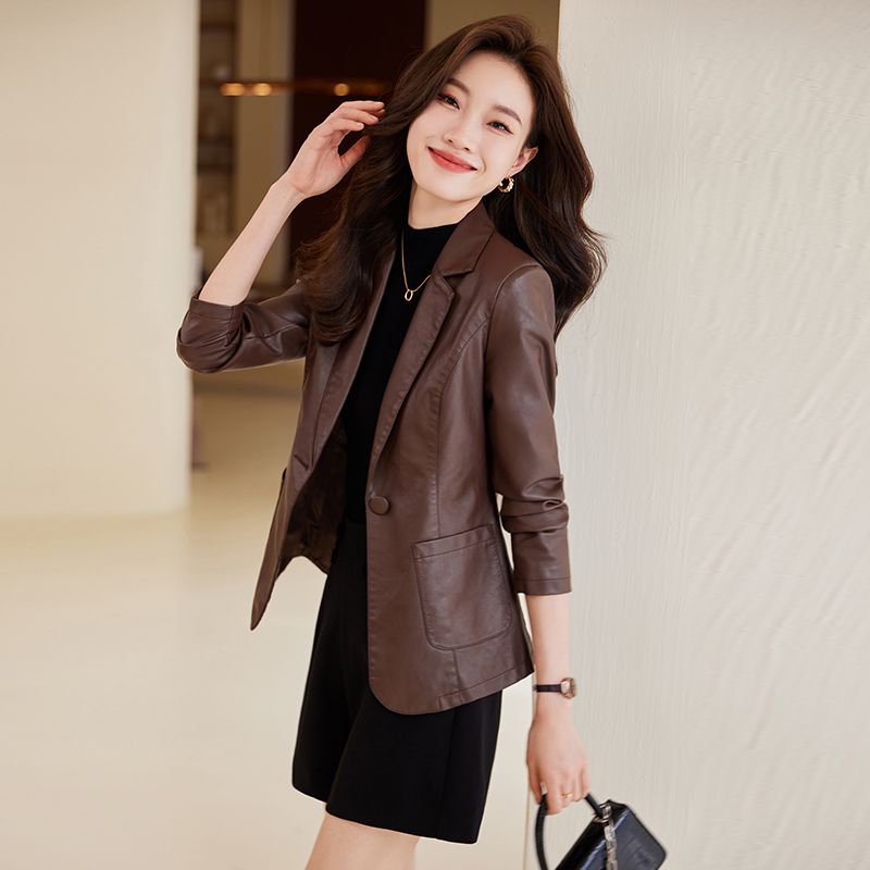 Brown leather jacket for women  new style small spring, autumn and winter popular tops casual temperament suit leather jacket