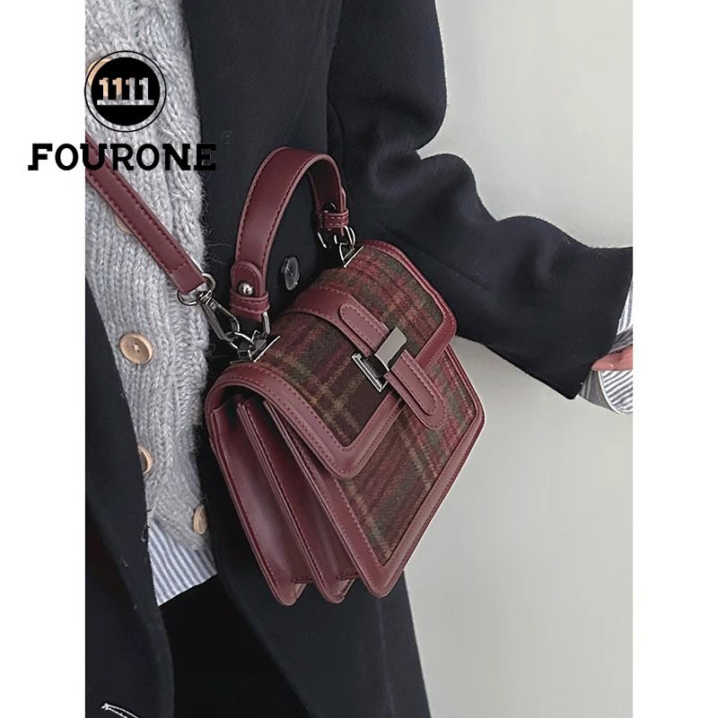 Plaid bag women's new trendy retro portable small square bag woolen versatile shoulder bag crossbody bag