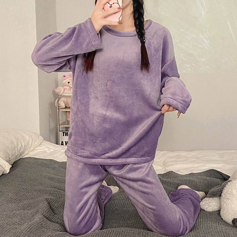 珊瑚絨睡衣女士秋冬季加厚加絨學生圓領卡通少女法蘭絨家居服套裝