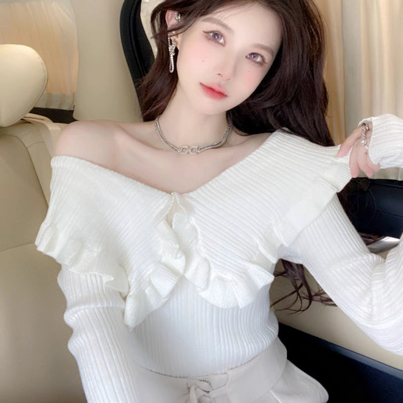 2023秋冬新款美拉德娃娃領上衣針織衫一字肩毛衣純欲甜美小心機潮