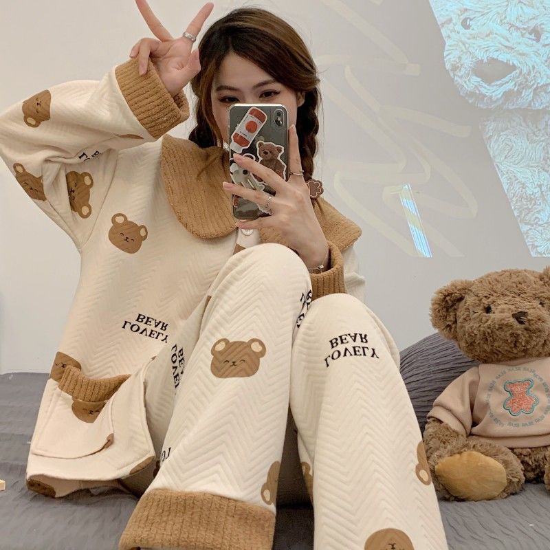 Air cotton pajamas for women spring and autumn pure cotton long-sleeved  new cute bear autumn and winter fashionable and good-looking can be worn outside