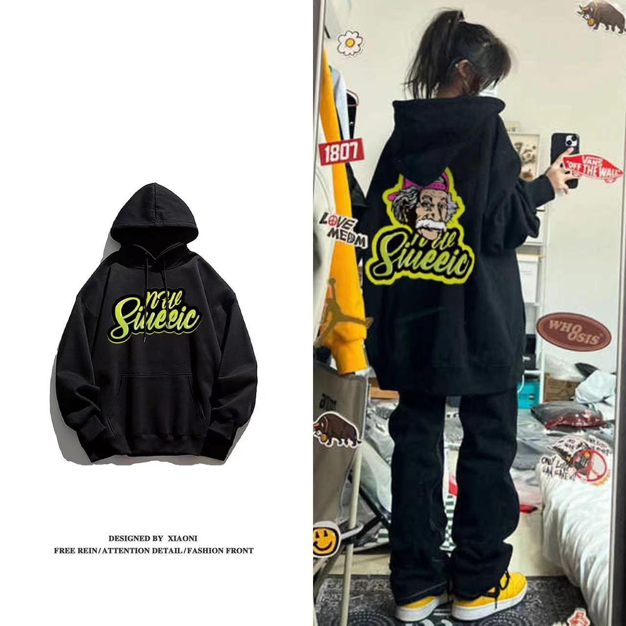 黑色衛衣女學生連帽寬鬆秋冬季加絨加厚潮牌hiphop情侶上衣外套潮