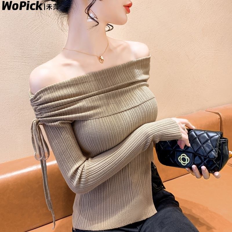 性感露肩鎖骨純色毛衣打底衫女秋冬2023新款高級感一字肩針織上衣