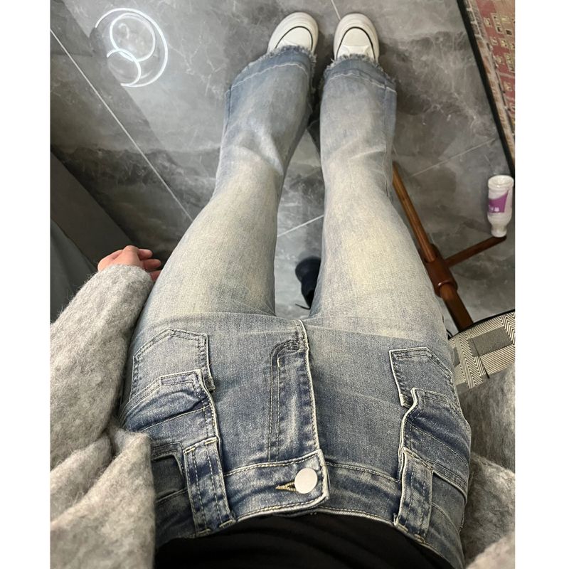 美式復古毛邊微喇牛仔褲女秋季小個子高腰顯瘦彈力馬蹄拖地褲子