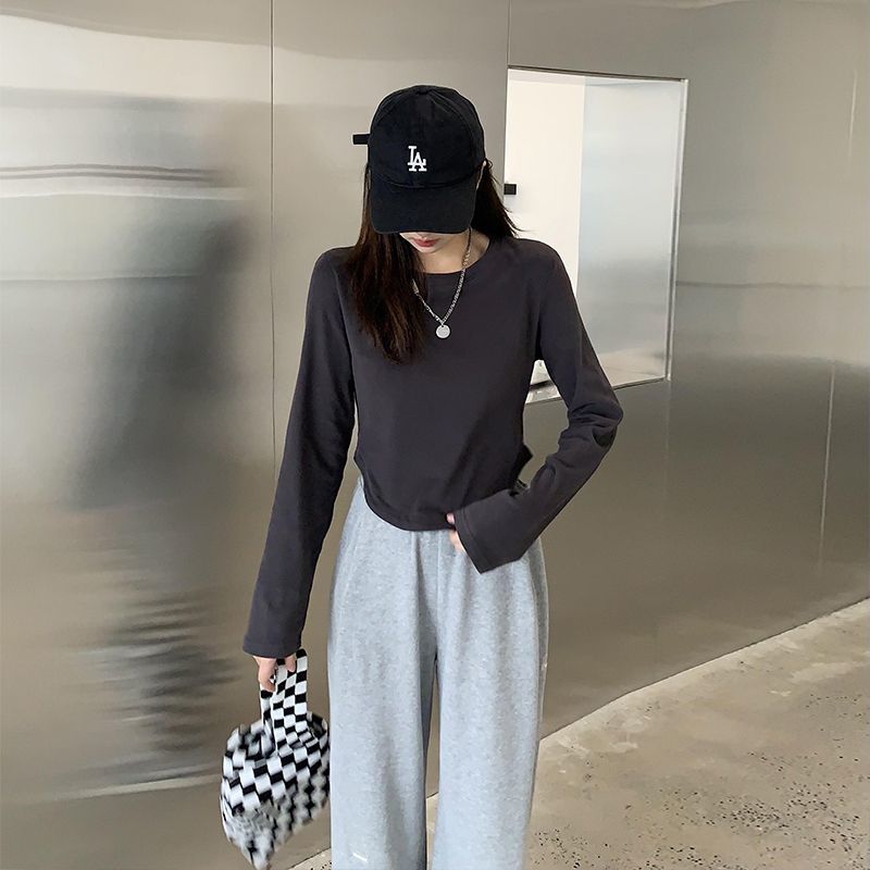 2023新款美拉德早秋正肩辣妹短款打底衫內搭小個子長袖t恤女上衣