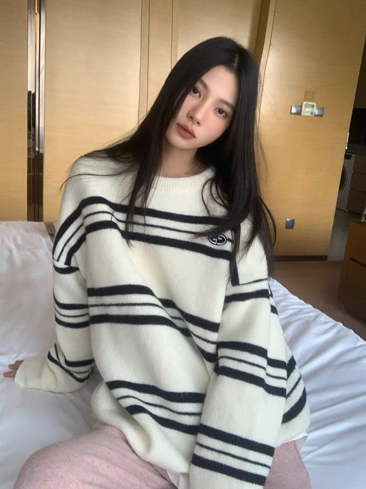 慵懶風日系條紋圓領毛衣女秋冬設計感加厚外穿內搭打底針織衫上衣