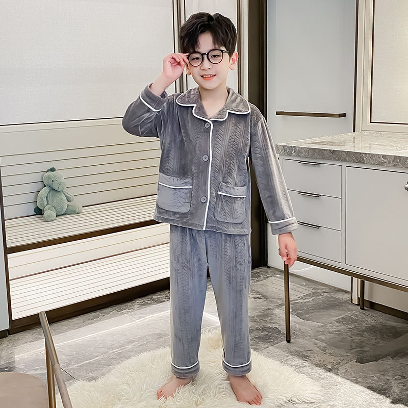 Boys' pajamas autumn and winter coral velvet medium and large children's warm and stylish thin velvet suits spring and autumn boys' home clothes