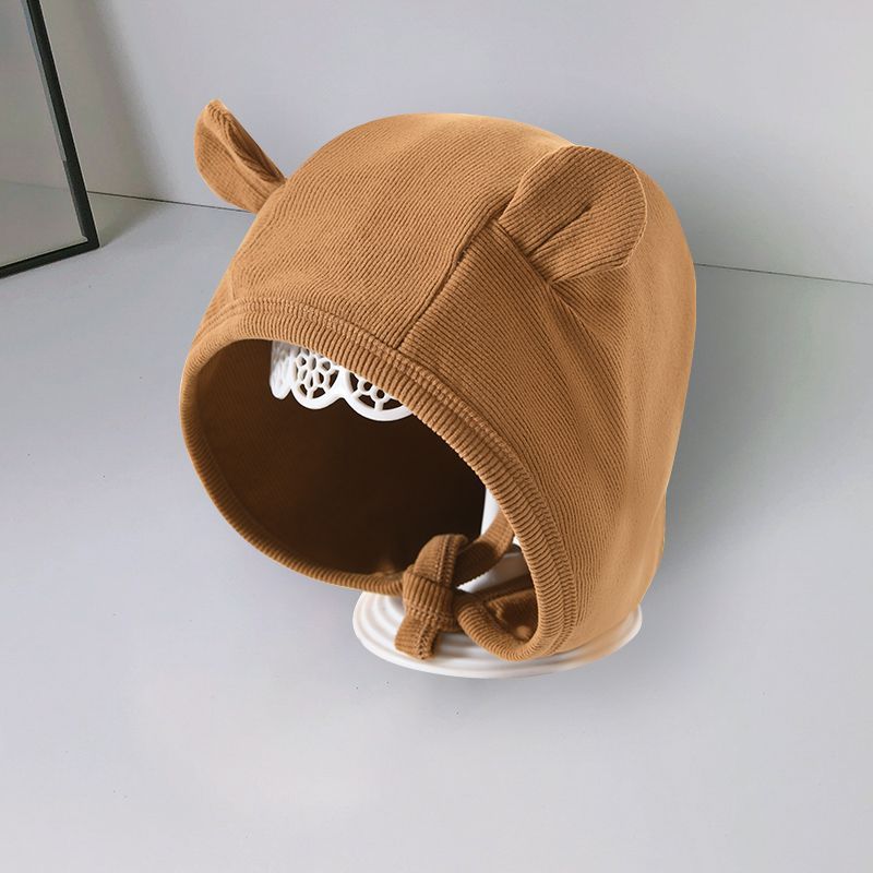 韩国婴儿帽子春秋款纯色系带护耳套头帽新生儿宝宝外出防风包头帽
