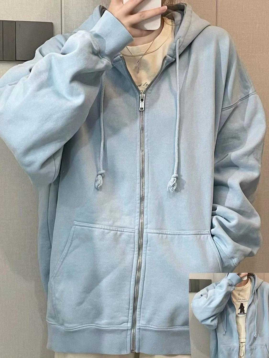奶藍色連帽衛衣外套女秋季oversize寬鬆休閒慵懶風長袖上衣服外穿