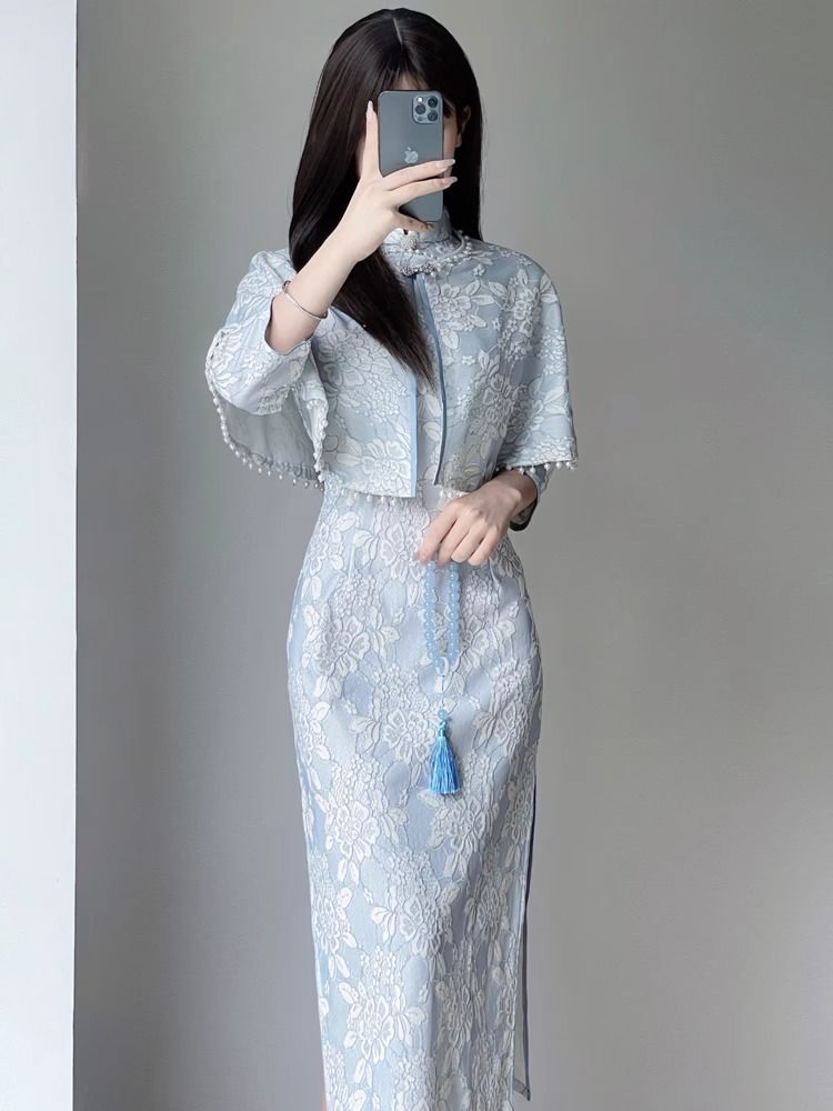 藍色蕾絲旗袍帶斗篷外搭2023秋季新款復古民國風年輕款少女連衣裙