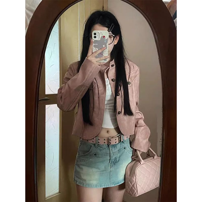 American retro pink leather jacket for women  autumn new design short loose motorcycle jacket top