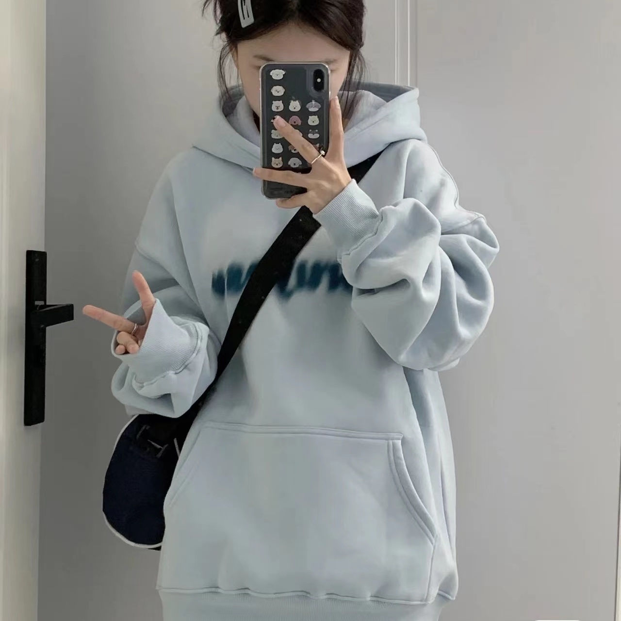 純棉甜辣奶藍色連帽衛衣女秋冬加絨加厚oversize小眾寬鬆上衣潮
