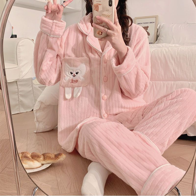 春秋冬季珊瑚絨睡衣女2023新款可愛卡通家居服法蘭絨加絨加厚套裝
