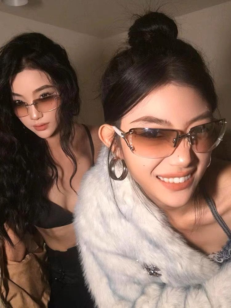 歐美風Y2K辣妹甜酷鑲鑽墨鏡復古無框方形眼鏡時尚個性太陽眼鏡女