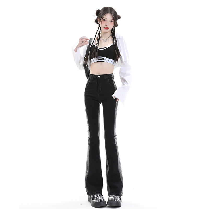 黑色微喇叭牛仔褲女2023春裝新款高腰顯瘦設計感拖地撞色拖地褲子