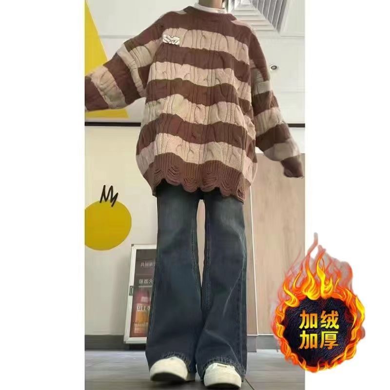 美式復古微喇叭牛仔褲女加絨冬季高腰2023新款顯瘦闊腿褲高街ins