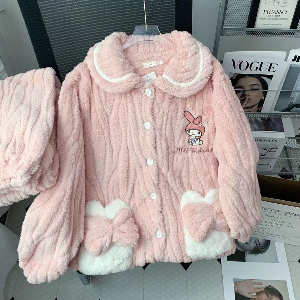 珊瑚絨睡衣女秋冬季加厚加絨可愛美樂蒂法蘭絨卡通開衫家居服套裝