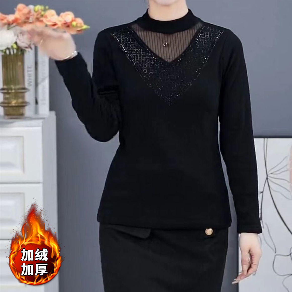 時尚女裝加絨蕾絲半高領打底衫2023新款女秋冬季內搭洋氣保暖上衣