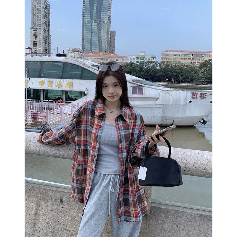韓版復古紅色格子襯衫春秋設計感疊穿外套慵懶寬鬆長袖上衣開衫女