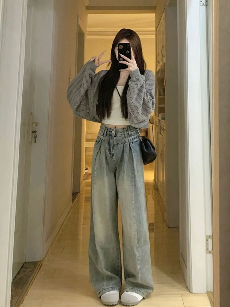 復古簡約風闊腿牛仔褲女新款設計感小眾辣妹高腰垂感寬鬆拖地褲