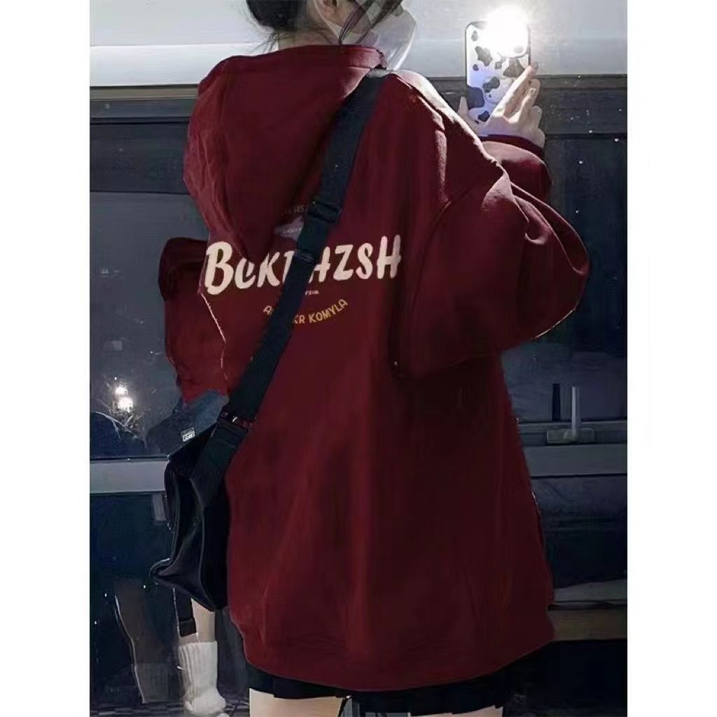 酒紅色寬鬆連帽oversize衛衣外套女秋冬2023新款爆款設計感上衣外