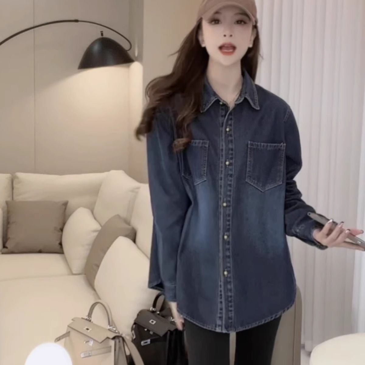 韓版復古水洗牛仔襯衫外套女秋冬加絨寬鬆顯瘦時尚百搭翻領上衣潮
