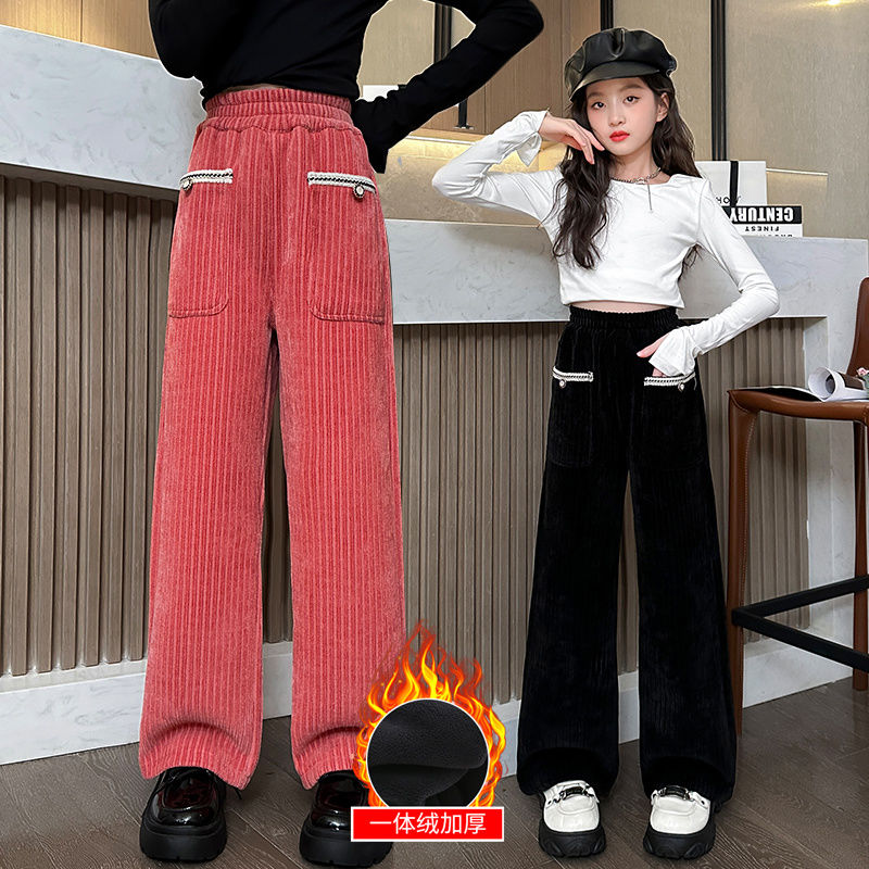 女童小香風加絨雪尼爾闊腿褲2023新款中大童學生時尚百搭冬季褲子