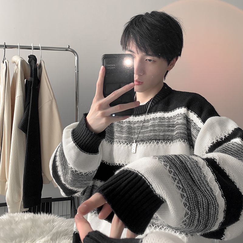 秋冬慵懶風毛衣男女潮牌條紋設計感寬鬆高級感針織衫上衣oversize