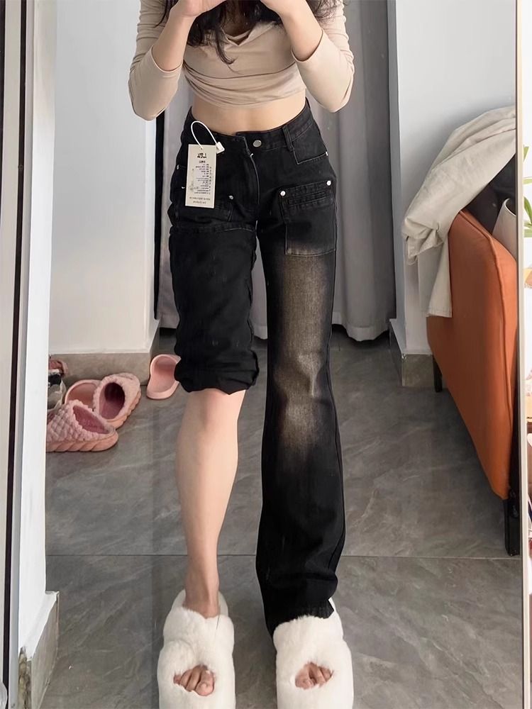 美式復古微喇牛仔褲女設計感小眾大碼梨形身材彈力寬鬆直筒喇叭褲