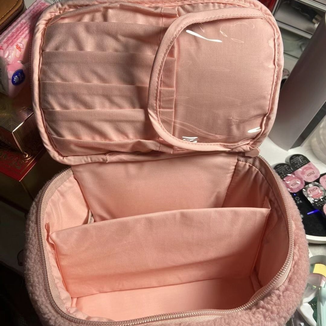 Shirley Rose cosmetic bag, stain-resistant flip-top plush cute doll travel bag, cartoon sherpa bear storage bag