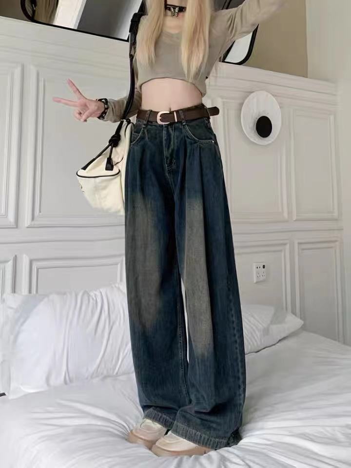 大码美式复古水泥灰直筒牛仔裤女秋季设计感高腰显瘦垂感阔腿裤子