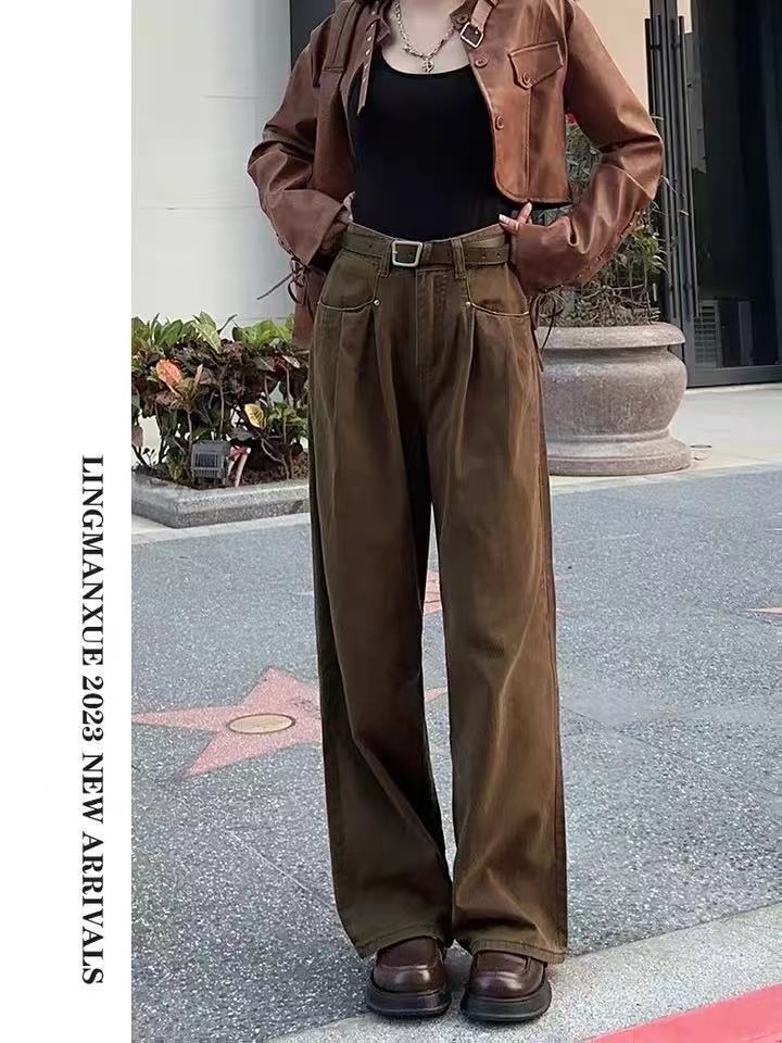 大碼棕色褶皺高腰闊腿褲女秋季小眾寬鬆百搭垂感休閒直筒拖地褲子